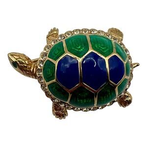 CINER Blue Green Turtle Brooch Rhinestone Enamel Vintage Signed Costume Jewelry